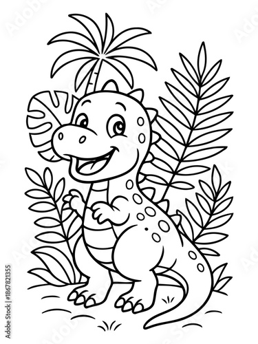 Cheerful Dinosaur Amidst Foliage: A delightful dinosaur, a relic of prehistoric eras, smiles with a vibrant charm, amidst luscious foliage.