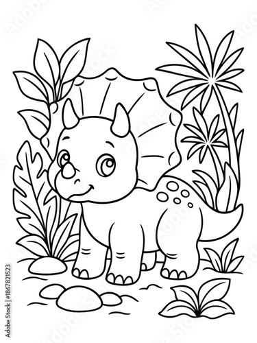 Charming Triceratops in Prehistoric Jungle: A delightful triceratops ambles gracefully in a primordial jungle, its friendly demeanor exuding wonder. The backdrop is a prehistoric scene.