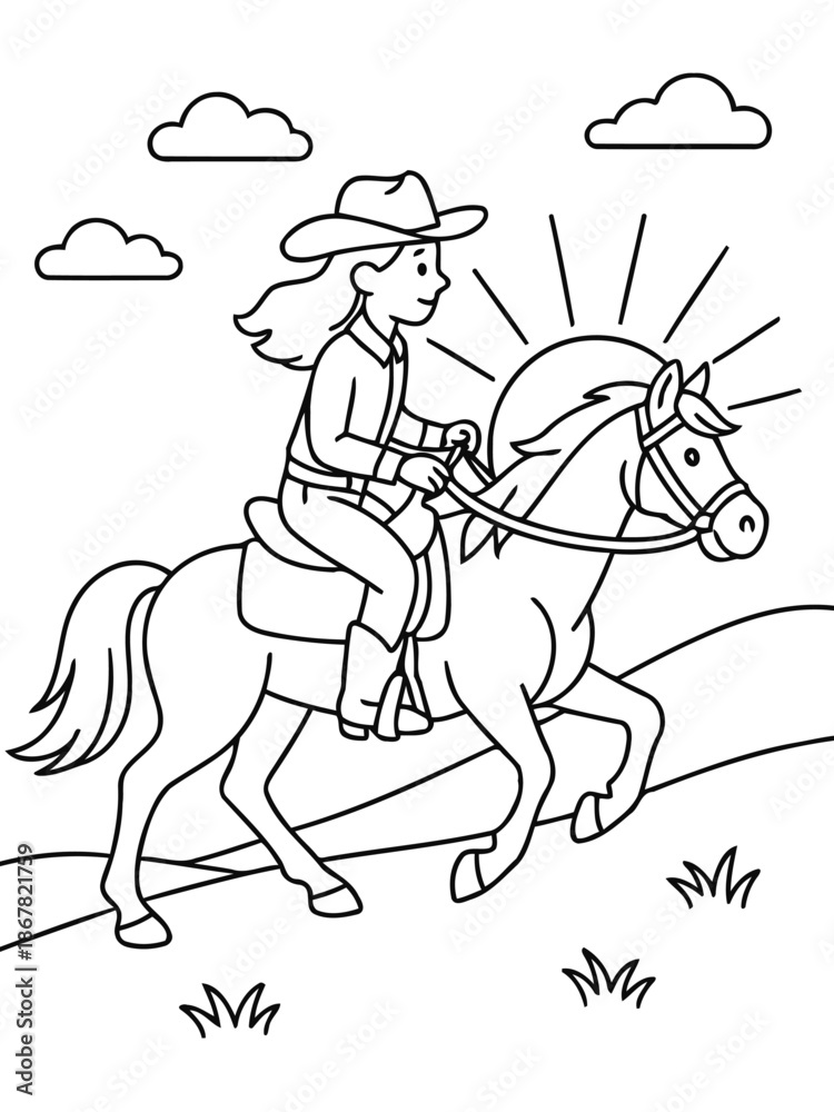 Fototapeta premium Riding into Adventure: An illustration of a determined cowgirl riding a majestic horse on a sunny day, showcasing a spirit of exploration and courage.