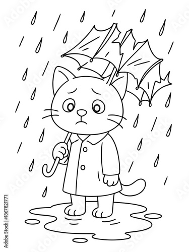 Miserable Cat in Rain: A charming illustration depicts a dejected cartoon cat caught in a downpour, sheltered under a tiny umbrella, embodying a sense of loneliness and the chill of a rainy day.