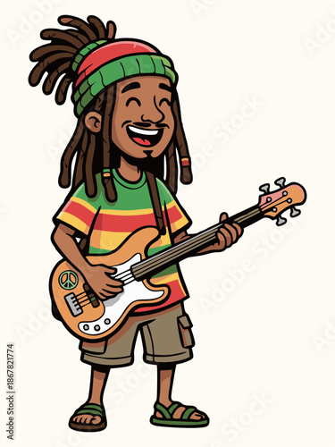 Happy Reggae Musician Playing Guitar Cartoon Illustration