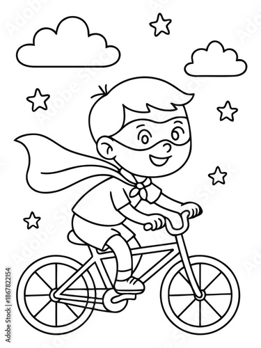 Superhero on Bicycle: A dynamic illustration depicts a young hero, masked and caped, riding a bicycle amidst whimsical clouds and stars, symbolizing adventure and the thrill of childhood.