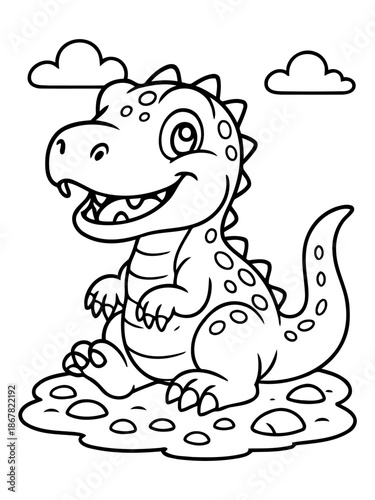 Charming Dinosaur Illustration: A cute, smiling dinosaur sits happily, bringing a sense of fun and playfulness