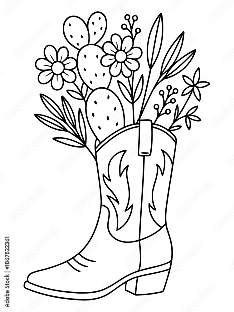 Naklejka premium Cowboy Boot Floral Delight: A charming, minimalist illustration showcases a detailed cowboy boot adorned with a vibrant array of wildflowers and cacti.
