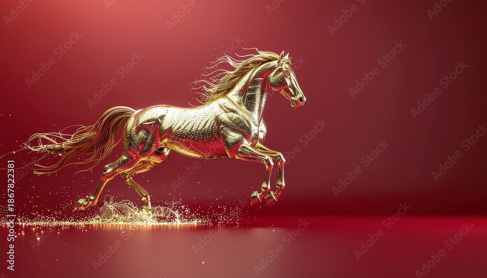 Fototapeta premium Fiery glowing horse with smoke on red background for Chinese New Year
