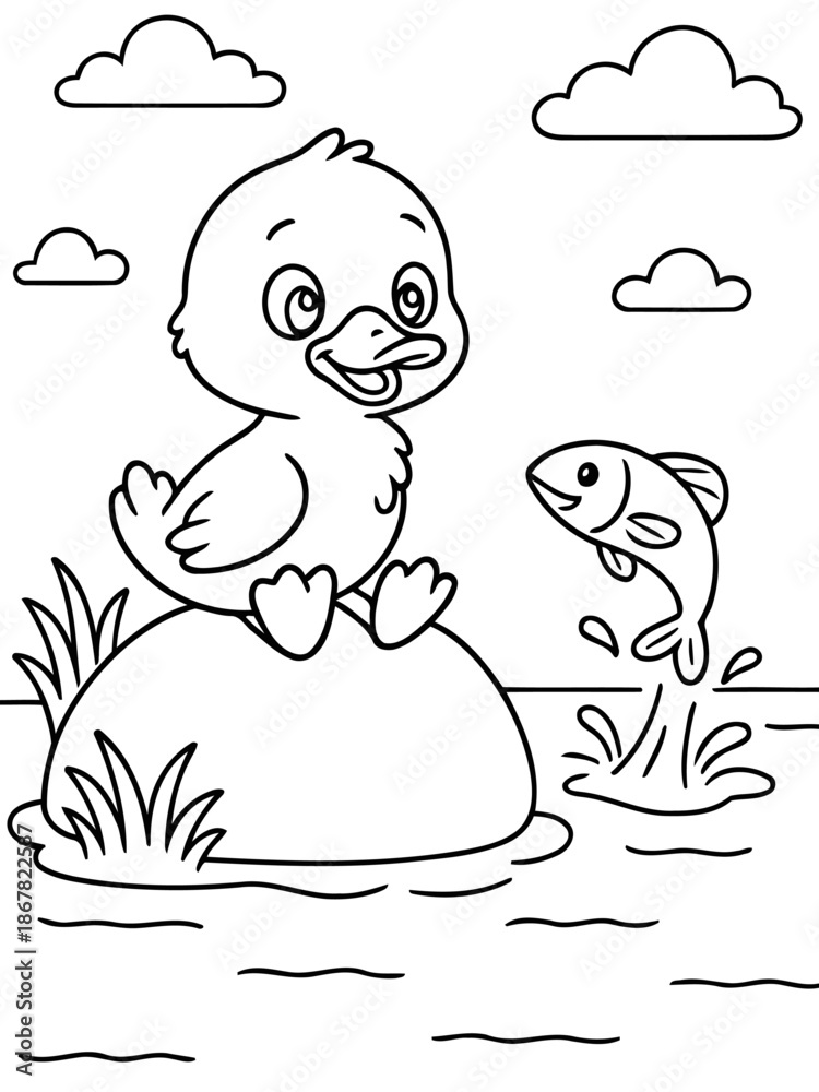 Obraz premium Duckling by the Pond: A charming cartoon depiction of a duckling sitting contentedly on a stone, watching a playful fish leaping from the water. Perfect for children's activities.