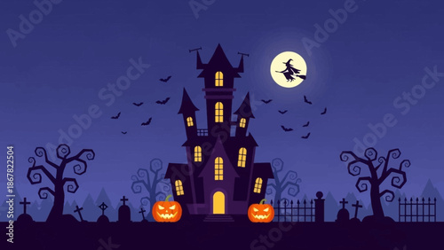 Spooky haunted house with pumpkins and witch flying under full moon.