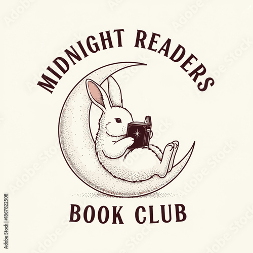 Rabbit Reading a Book on the Crescent Moon for T-Shirt Design