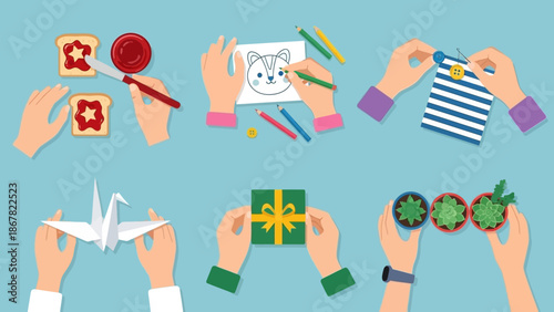 Hands engaged in various crafting activities with colorful materials.