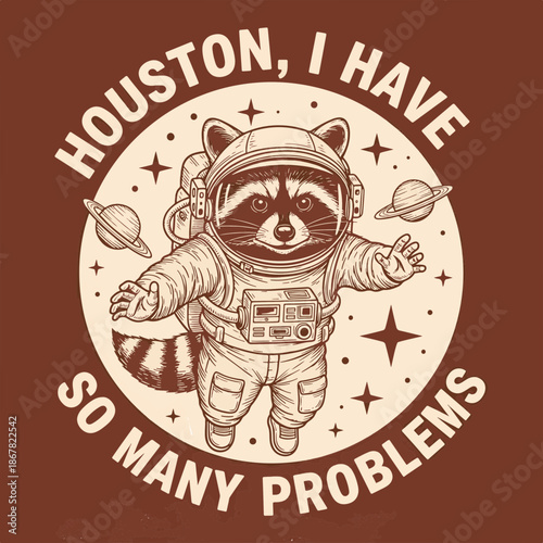 Astronaut Raccoon in Space Suit Floating among Planets and Stars, a Creative T-Shirt Design Concept