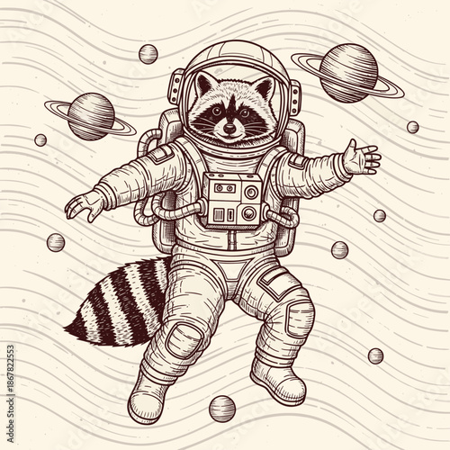 Принти на полотні Raccoon Astronaut Floating in Space with Planets and Stars for T-Shirt Design Il