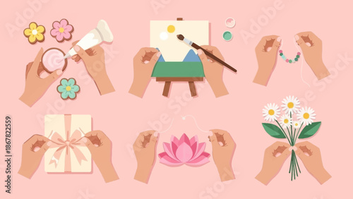 Hands engaged in various creative activities like painting and crafting.