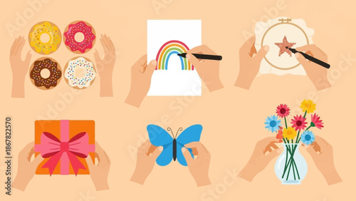 Hands holding various creative and decorative items.