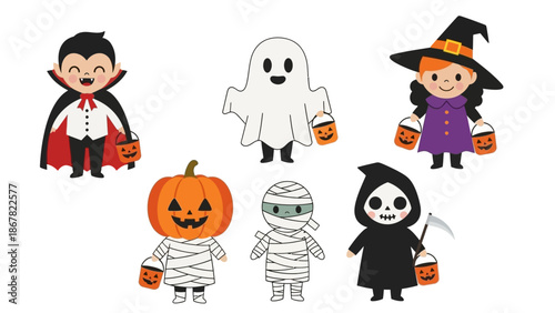 Halloween characters in various costumes holding candy buckets.