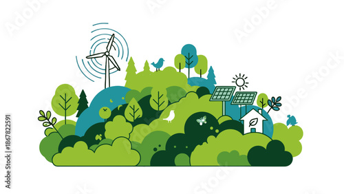 A vibrant illustration of a sustainable home with renewable energy sources in a natural setting