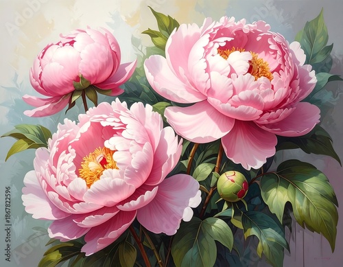 A close-up showcases a bouquet of pastel pink blooms with fluffy petals. Lush green leaves and buds surround the flowers against a soft backdrop