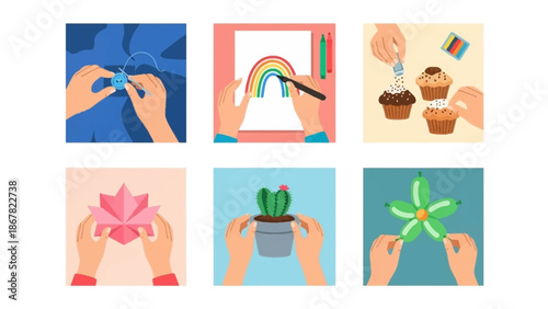 Hands crafting various creative projects with colorful materials.