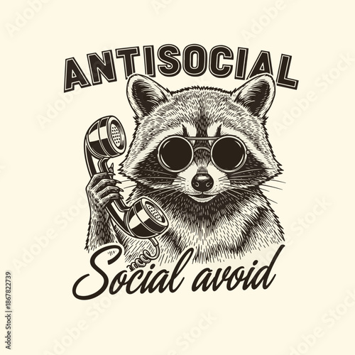 Vintage T-Shirt Design featuring a Raccoon wearing Sunglasses holding a Molotov Cocktail with Antisocial Typography