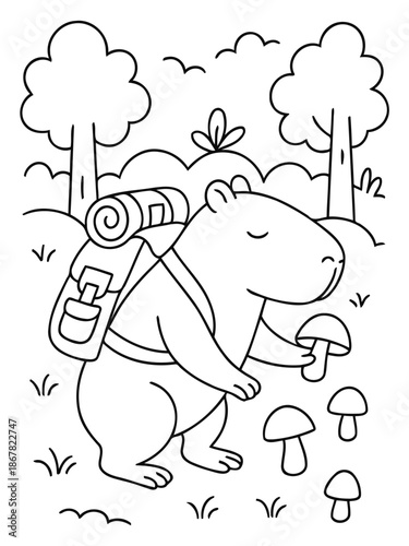 Capybara's Adventure: A capybara, fully equipped for a hike, carries a backpack and holds a mushroom in a whimsical illustration. The scene captures the spirit of exploration and the joy of nature.