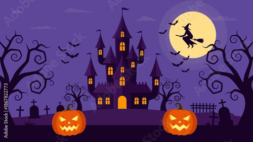 Spooky Halloween castle with pumpkins and witch flying under full moon.