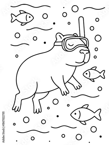 Capybara Scuba Adventure: A playful capybara embarks on a scuba diving adventure, donning a mask and snorkel. Exploring the underwater world with curiosity and wonder.