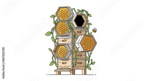 A vector illustration of a beehive with honeycombs and green leaves on a