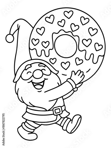 Cheerful Gnome with Donut Delight: A charming, jovial gnome joyfully carries a giant heart-adorned donut, embodying sweetness and whimsical fun.