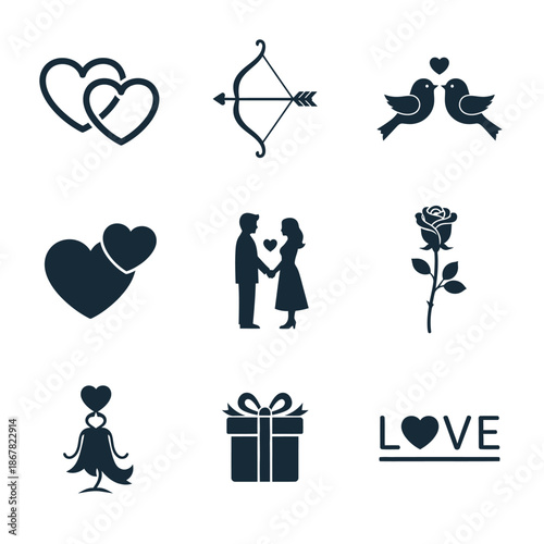 Love icons with hearts and couples.