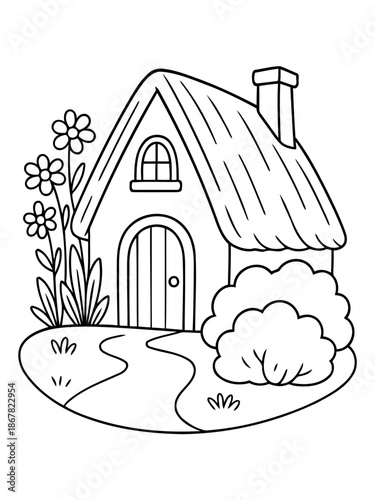 Cozy Cottage illustration: A charming illustration depicts a cozy cottage with a thatched roof nestled amidst flowers and greenery, evoking a sense of peaceful home.