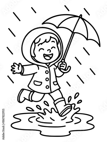 Joyful Leap in the Rain: A spirited child leaps with unrestrained glee into a puddle while a light drizzle gracefully falls, as the child carries an umbrella.