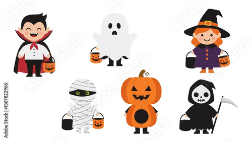 Halloween cartoon characters with pumpkins and candy.