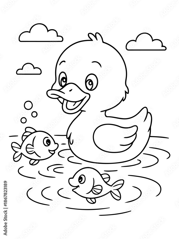 Obraz premium Duckling's Aquatic Adventure: A charming illustration depicts a delightful duckling swimming alongside playful fish in a serene pond, all under a whimsical sky. 