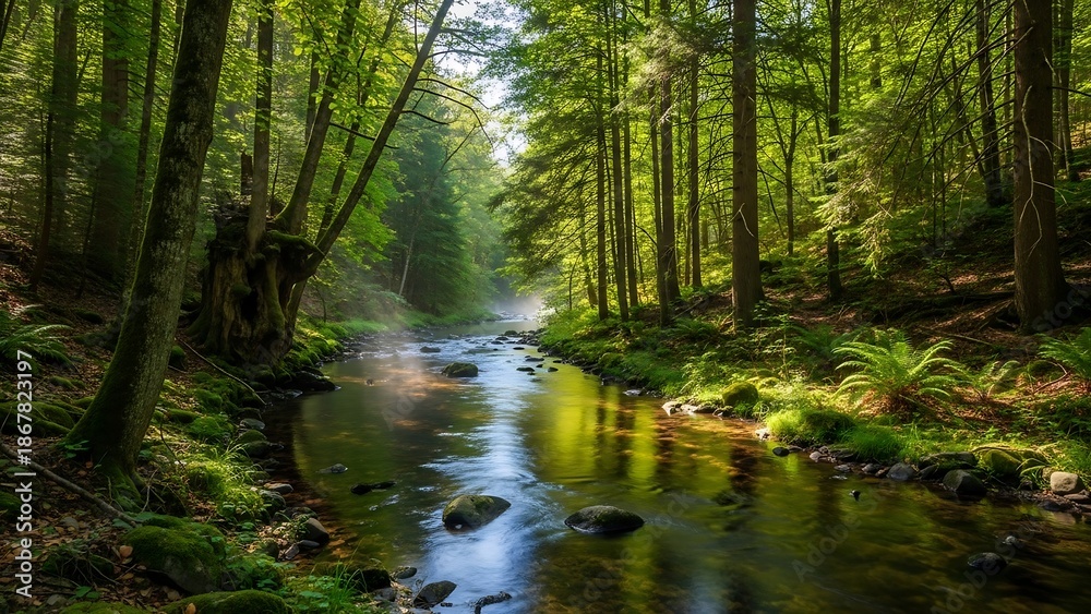 Obraz premium Serene forest stream with sunlight filtering.