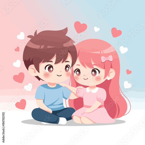 Cute Couple in Love, Cartoon Style, Hearts Background