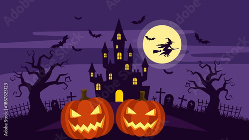 Spooky Halloween night with pumpkins and haunted castle.