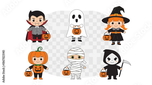 Halloween characters set with cartoon vampires, ghosts, witches, pumpkins, mummies, and grim reapers.