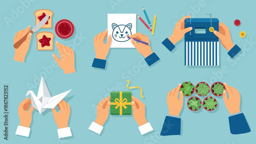 Hands crafting various paper items and gifts.