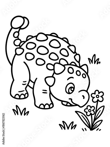Ankylosaurus Sniffing Flower: A cute Ankylosaurus sniffs a delicate flower in a vibrant, detailed outline, ready for a creative coloring experience.