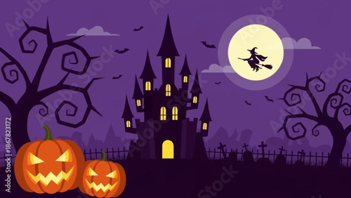 Spooky Halloween Night with Castle and Pumpkins under Full Moon.