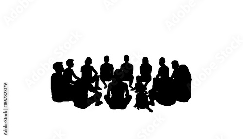 A minimalist silhouette illustration of a group of people sitting in a circle