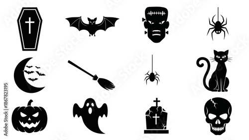 Halloween icons set with spooky symbols and characters.