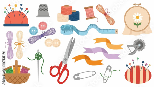 Sewing and crafting icons set with various tools and materials.