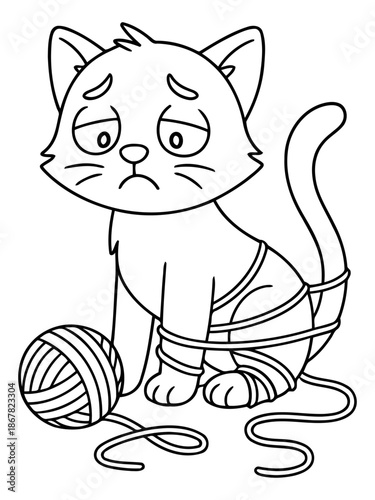 Kitten and Yarn Entrapment: A cartoon illustration captures a kitten ensnared by yarn, depicting a scenario of playful mischief gone awry, conveying feelings of frustration.