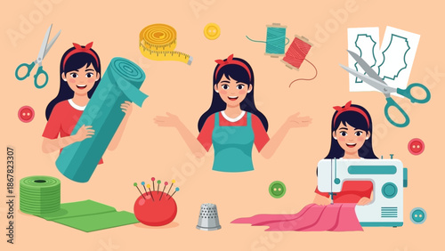 Young girl engaging in various stages of sewing and crafting.