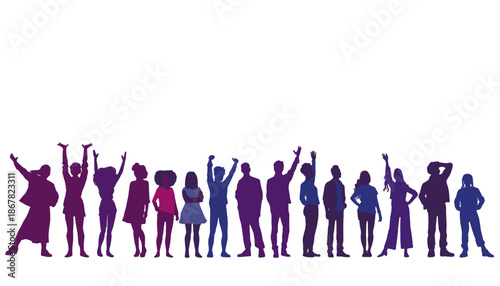 A vibrant purple and blue silhouette illustration of a diverse group of people celebrating