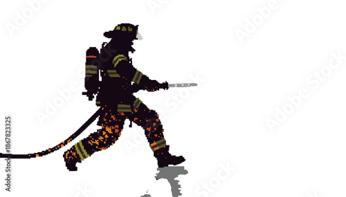 A firefighter in full gear running with a hose on a