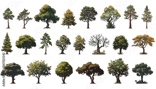 A collection of various tree silhouettes in a flat design style