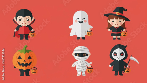 Halloween characters with pumpkins on a red background.