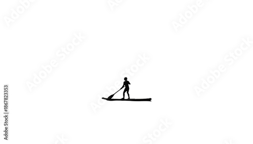 A minimalist silhouette of a person paddleboarding on calm water in a vector graphic design