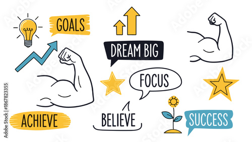 A motivational vector graphic illustration with icons and symbols for success and achievement